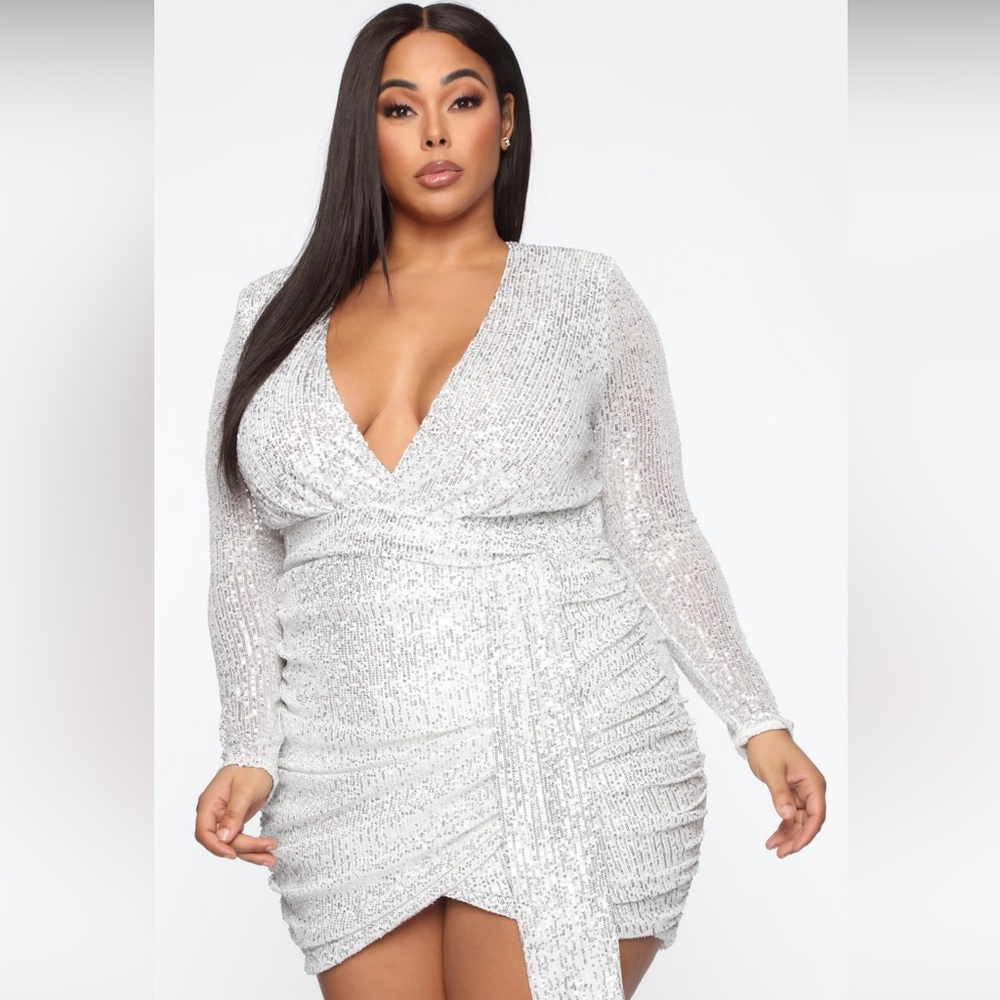 Fashion Nova Silver Sequin Long Sleeve Bodycon Dress
